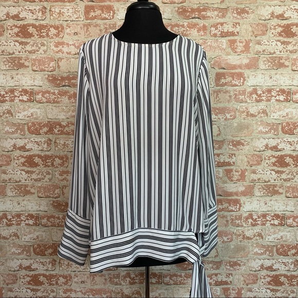 Pleione Tops - Pleione Striped Blouse Long Sleeve Tie Waist